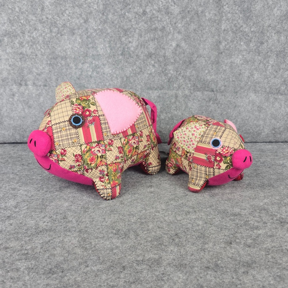 NWT Nook Nook Whimsical Pig Set Pink Patchwork Floral Handcrafted Decor Unique